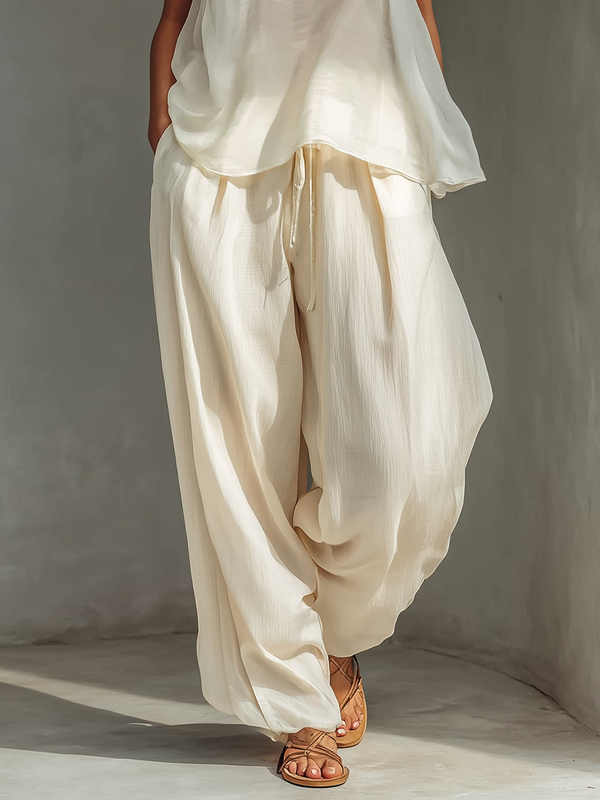 Women's Cream-Hued Tencel-Blend High-Waisted Wide-Leg Pants with Drawstring and Pockets MDZ3047C2T