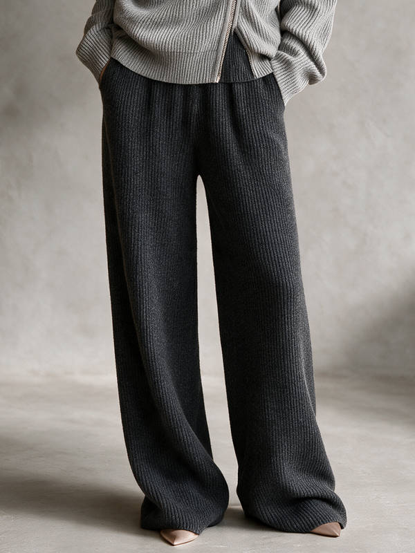 Women's Dark Grey Rib‑Knit Elastic Waist Wide‑Leg Trousers MDZ0311I2R