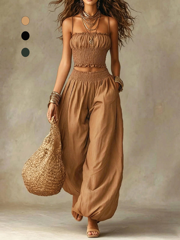 Smocked Crop Top Wide Leg Two-Piece Pants Set
