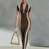 Women's Grey Stretchy Knit Zip Polo Collar & Vertical Side Stripes Maxi Dress MDZ2497F8LYL
