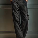 Women's Black Cotton And Linen Blend Sleeveless Collared Jumpsuit With Cargo Pockets MDZ0908A3T