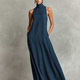 Women's Black Linen-Blend Maxi Dress With High Neck & Side Pockets, Timeless Minimalist Casual Dress MDZ2597D7LYL