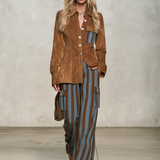 Retro-casual Elegant Faux Suede Shirt And Blue-and-brown Vertical Striped Trousers Set