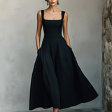 Women's Black Maxi Dress With Wide Square Neck Thick Straps & Side Patch Pockets, Minimalist Elegant Formal Swing Dress MDZ2269F2LYL