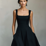 Women's Black Maxi Dress With Wide Square Neck Thick Straps & Side Patch Pockets, Minimalist Elegant Formal Swing Dress MDZ2269F2LYL