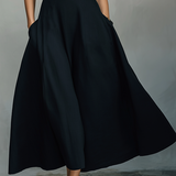 Women's Black Maxi Dress With Wide Square Neck Thick Straps & Side Patch Pockets, Minimalist Elegant Formal Swing Dress MDZ2269F2LYL