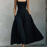 Women's Black Maxi Dress With Wide Square Neck Thick Straps & Side Patch Pockets, Minimalist Elegant Formal Swing Dress MDZ2269F2LYL