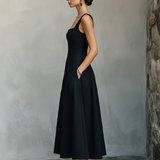Women's Black Maxi Dress With Wide Square Neck Thick Straps & Side Patch Pockets, Minimalist Elegant Formal Swing Dress MDZ2269F2LYL