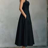Women's Black Maxi Dress With Wide Square Neck Thick Straps & Side Patch Pockets, Minimalist Elegant Formal Swing Dress MDZ2269F2LYL