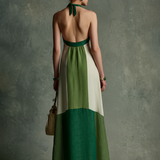 Women's Vacation Style Green And White Color-Block Linen-Cotton Halter V-Neck Waist-Tailored Maxi Dress MDZ2051E3GMJ
