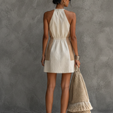 Women's Casual Off-White And Khaki Color-Blocked Cotton And Linen Halter Neck Fitted Waist Mini Dress MDZ1598F1GMJ