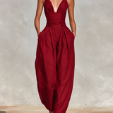 Women's Red Linen Jumpsuit With Spaghetti Straps & High-Waisted Pleated Pants, Timeless Romantic-Elegant Style Jumpsuit MDZ1915C8I