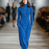 Women's Sports Cotton Blend Half-high Collar Zipper Loose Maxi Dress MDA3197G9Y