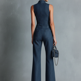 Women's Retro Style Dark Blue Denim Sleeveless High-Neck Flared Jumpsuit With Front Zipper MDZ1239B2BA