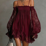 Noemi | Mini dress in navy blue chiffon with off-the-shoulder neckline, lace trim, and sheer sleeves
