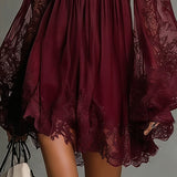 Noemi | Mini dress in navy blue chiffon with off-the-shoulder neckline, lace trim, and sheer sleeves