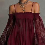 Noemi | Mini dress in navy blue chiffon with off-the-shoulder neckline, lace trim, and sheer sleeves
