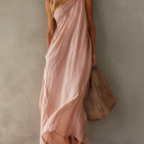 Women's Elegant Pink Cotton-Linen One-Shoulder Sleeveless Maxi Dress MDZ0829E1LXY