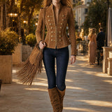 Casual Retro Gold-ribbed Camel-colored Faux Suede Zip-up Jacket