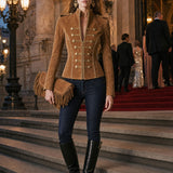 Casual Retro Gold-ribbed Camel-colored Faux Suede Zip-up Jacket