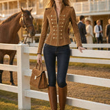 Casual Retro Gold-ribbed Camel-colored Faux Suede Zip-up Jacket