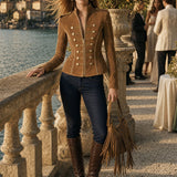 Casual Retro Gold-ribbed Camel-colored Faux Suede Zip-up Jacket