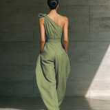 Women's Light Green Cotton And Linen Blend One-Shoulder Wide-Leg Jumpsuit With Tie Waist MDZ3136A8T