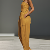 Women's Mustard Yellow Linen-Blend Jumpsuit With Crisscross Neckline & Relaxed Trousers MDZ2808B6T
