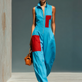 Women’s Blue Linen-Blend Sleeveless Jumpsuit With Red Patch Pockets & Half-Zip Stand Collar MDZ0982E4T