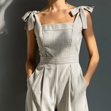 Women's Beige & White Striped Linen-Blend Jumpsuit With Square Neck & Tie Straps MDZ2733B8T