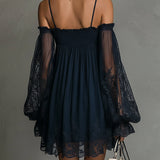Noemi | Mini dress in navy blue chiffon with off-the-shoulder neckline, lace trim, and sheer sleeves