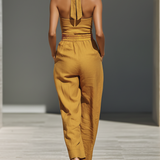 Women's Mustard Yellow Linen-Blend Jumpsuit With Crisscross Neckline & Relaxed Trousers MDZ2808B6T