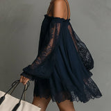 Noemi | Mini dress in navy blue chiffon with off-the-shoulder neckline, lace trim, and sheer sleeves