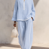 Women's Light‑Blue Linen Fabric Stand‑Collar Half‑Zip Oversized Top & Wide‑Leg Pants Set