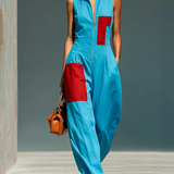Women’s Blue Linen-Blend Sleeveless Jumpsuit With Red Patch Pockets & Half-Zip Stand Collar MDZ0982E4T