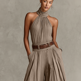 Women's Taupe Cotton-Blend Jumpsuit With Halter Neck & Wide-Leg Silhouette, Timeless Boho-Elegant Style Jumpsuit (Without Belt) MDZ0940C3I