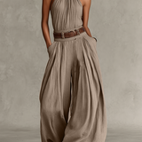 Women's Taupe Cotton-Blend Jumpsuit With Halter Neck & Wide-Leg Silhouette, Timeless Boho-Elegant Style Jumpsuit (Without Belt) MDZ0940C3I