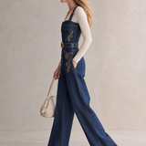American Utility Belted Embroidered Denim Suspender Jumpsuit