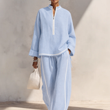 Women's Light‑Blue Linen Fabric Stand‑Collar Half‑Zip Oversized Top & Wide‑Leg Pants Set