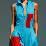 Women’s Blue Linen-Blend Sleeveless Jumpsuit With Red Patch Pockets & Half-Zip Stand Collar MDZ0982E4T