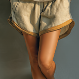 Women's Khaki Linen Waist Contrast Brown Trim Casual Loose Shorts With Side Pockets MDZ3043C3T