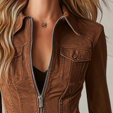 American Vintage Lapel-collar Zip-front Slim-fit Cropped Denim Jacket
