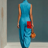 Women’s Blue Linen-Blend Sleeveless Jumpsuit With Red Patch Pockets & Half-Zip Stand Collar MDZ0982E4T