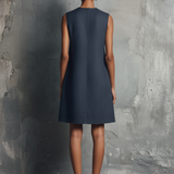 Women's Minimalist Commuter Style Navy Blue Linen Round Neck Asymmetric Buttons Side Pocket Sleeveless Mini Dress MDZ0395F6GMJ