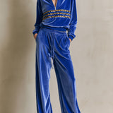 Fashionable Leopard Print Striped Half-zip Royal Blue Velvet Sweatshirt And Pants Set