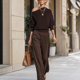 Urban Elegant Brown One-shoulder Knit Top And Cotton-linen Pants Set