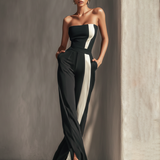 Women's Black Strapless Jumpsuit With Contrast White Vertical Stripe & Side Pockets MDZ0336C7T