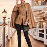 Women's Khaki Cape Jacket Belted Military Stand Collar Cape Coat