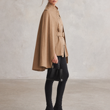 Women's Khaki Cape Jacket Belted Military Stand Collar Cape Coat