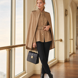 Women's Khaki Cape Jacket Belted Military Stand Collar Cape Coat